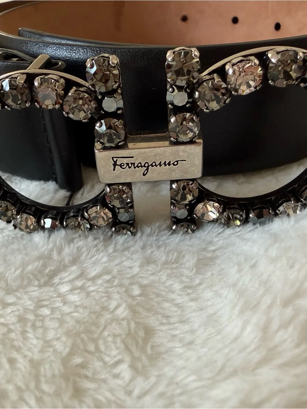 Salvatore Ferragamo Black Leather Belt with Crystal Double Gancini Buckle - Picture 5 of 7